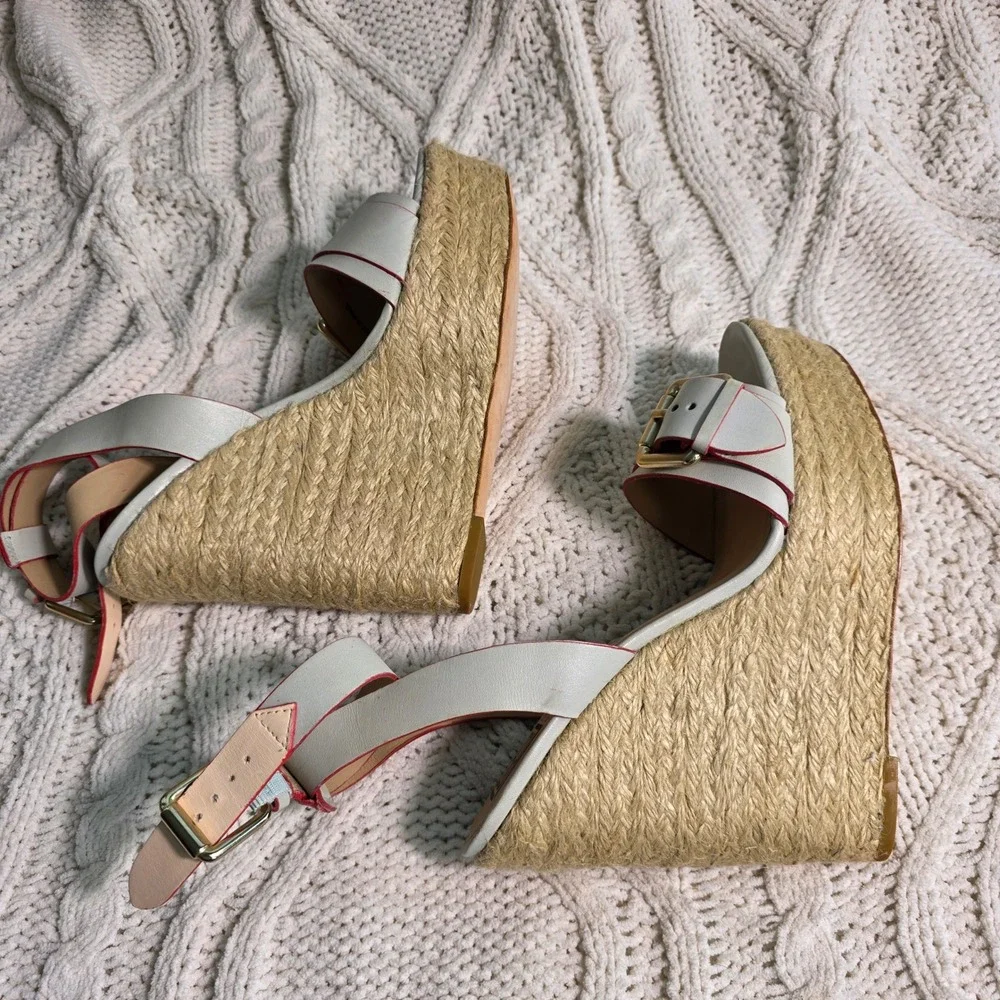 Pour La Victoire Wedge Sandals Ice Blue Red Leather‎ Espadrille Womens 9 NEW